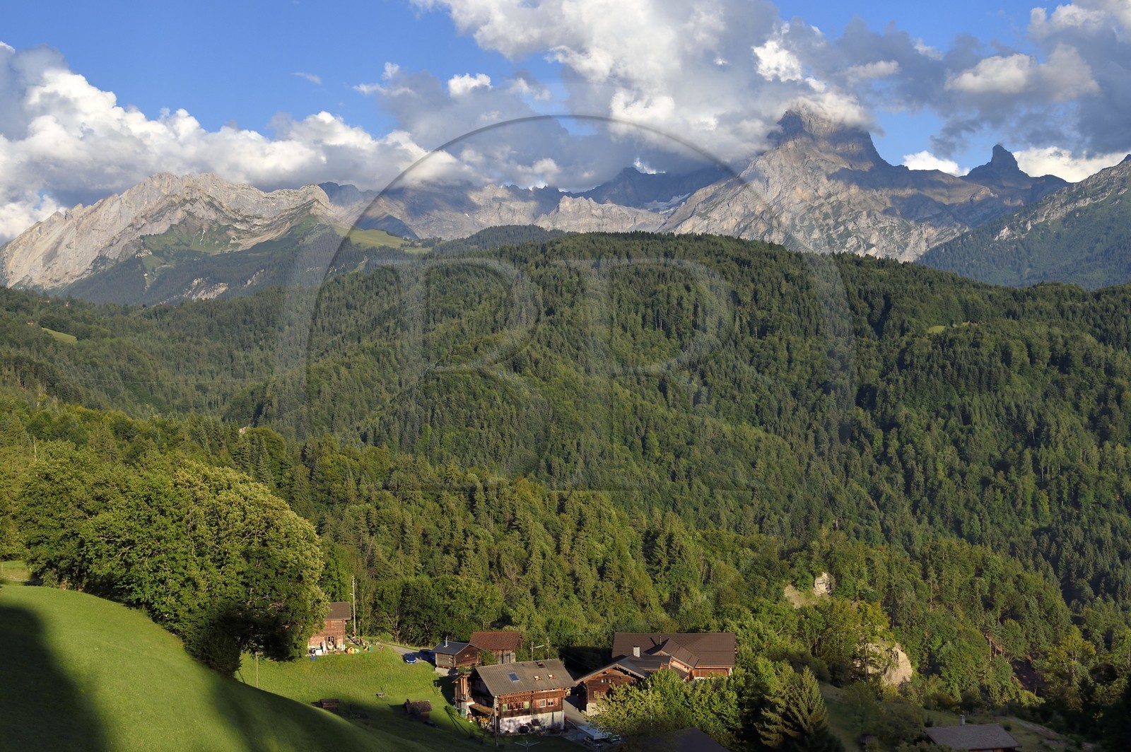 Suisse, Canton de Vaud, Ollon, hameau de Huémoz et le massif de l'Argentine en arrière plan