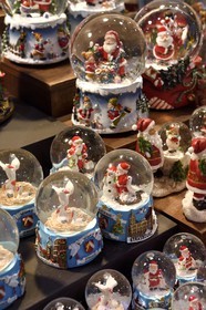 France, Bas Rhin, Strasbourg, old town listed as World Heritage by UNESCO, Christmas market (Christkindelsmarik) on the place Broglie, snow globe with Santa