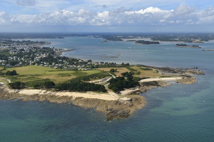 France, Morbihan,  Pointe de Kerpenhir at the entrance of the Gulf of Morbihan (Golfe du Morbihan) (aerial view)