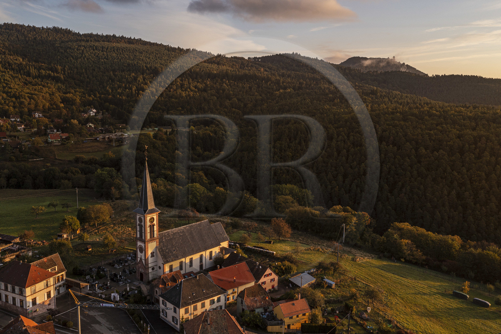 France, Haut Rhin, Thannenkirch, hiking in the Taennchel massif overlooking the village, the Haut Koenigsbourg Castle in the background  (aerial view)