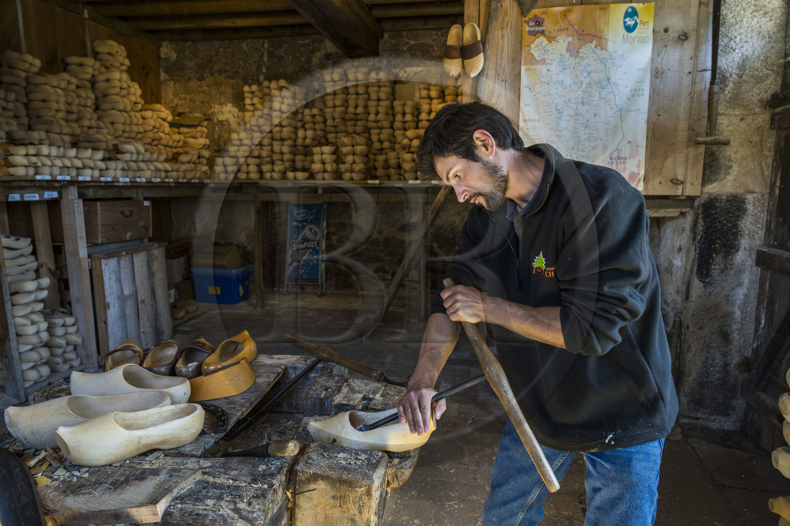 France, Nievre, Regional Natural Park of Morvan, Gouloux,  Marchand establishment (sawmill, clog making and woodworking), Pierre Marchand in the clog making workshop