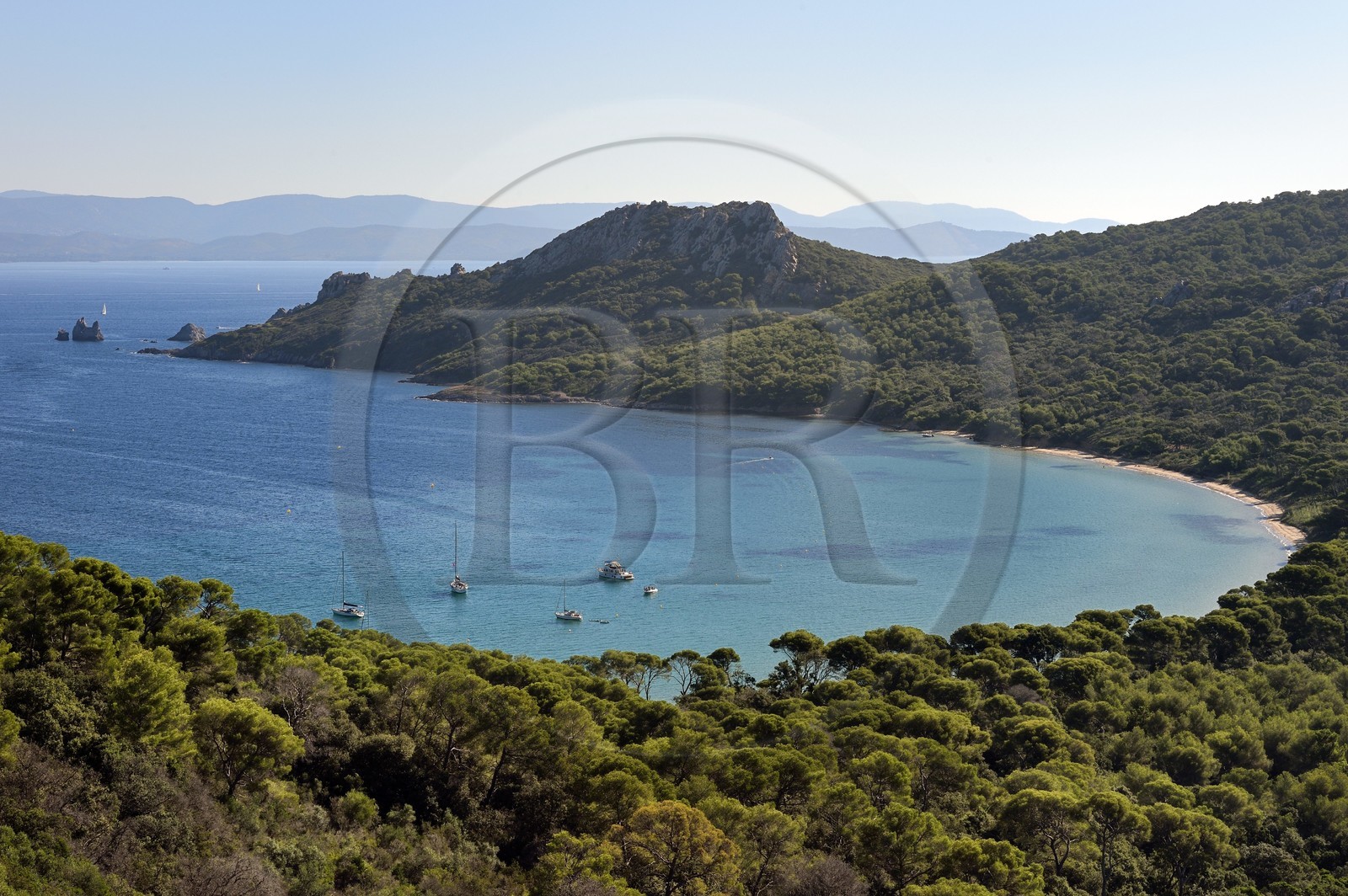 France, Var (83), Iles d'Hyères, parc national de Port Cros, Ile de Porquerolles, la Baie de l'Alycastre et le Cap des Mèdes en arrière-plan