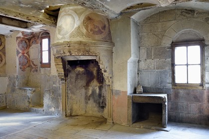 France, Haute-Loire (43), Le Puy-en-Velay, étape des chemins de Compostelle, l'ensemble cathédrale Notre-Dame-de-l'Annonciation classée Patrimoine Mondial de l'UNESCO, logis  des  clergeons, appartement du doyen, la salle des Griffons du XIIe siècle, reproduction picturale de motifs à griffons des tissus byzantins les plus chers de l'époque