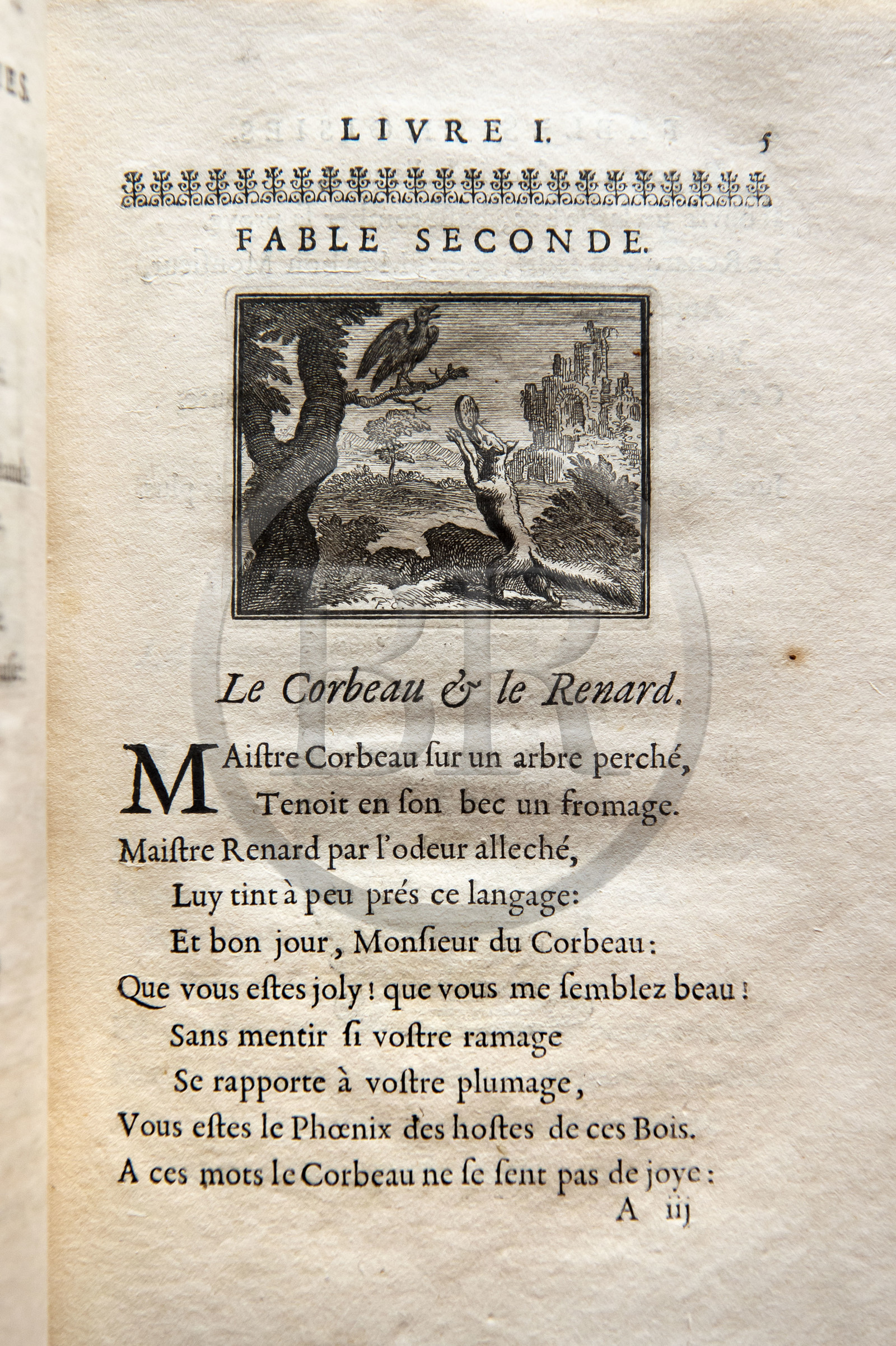 France, Aisne, Château-Thierry, Jean de La Fontaine Museum - city of Chateau-Thierry, first edition of the La Fontaine's Fables book, Edition Claude Barbin and Denys Thierry, 1668, in-4, illustrated by François Chauveau, The Raven and the Fox fable II from book I