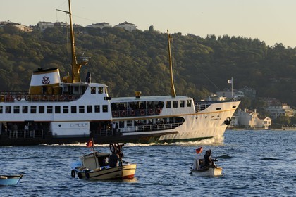 Turkey, Istanbul, fishermen boats on the Bosphorus Strait, the Golden Horn Strait in the background