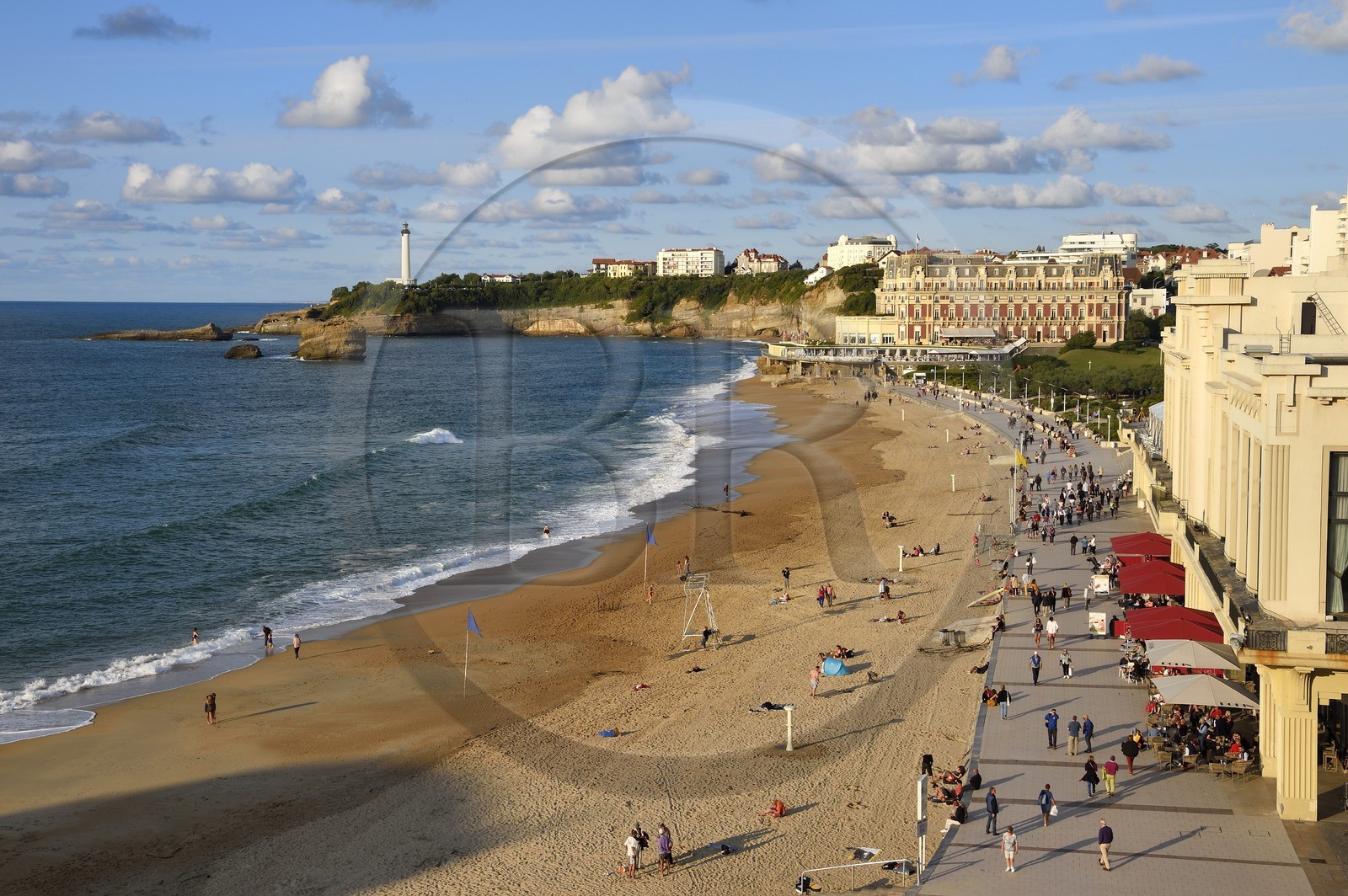 France, Pyrenees Atlantiques, Basque Country, Biarritz, the Grande Plage (town's largest beach), the casino, the Hotel du Palais and the lighthouse