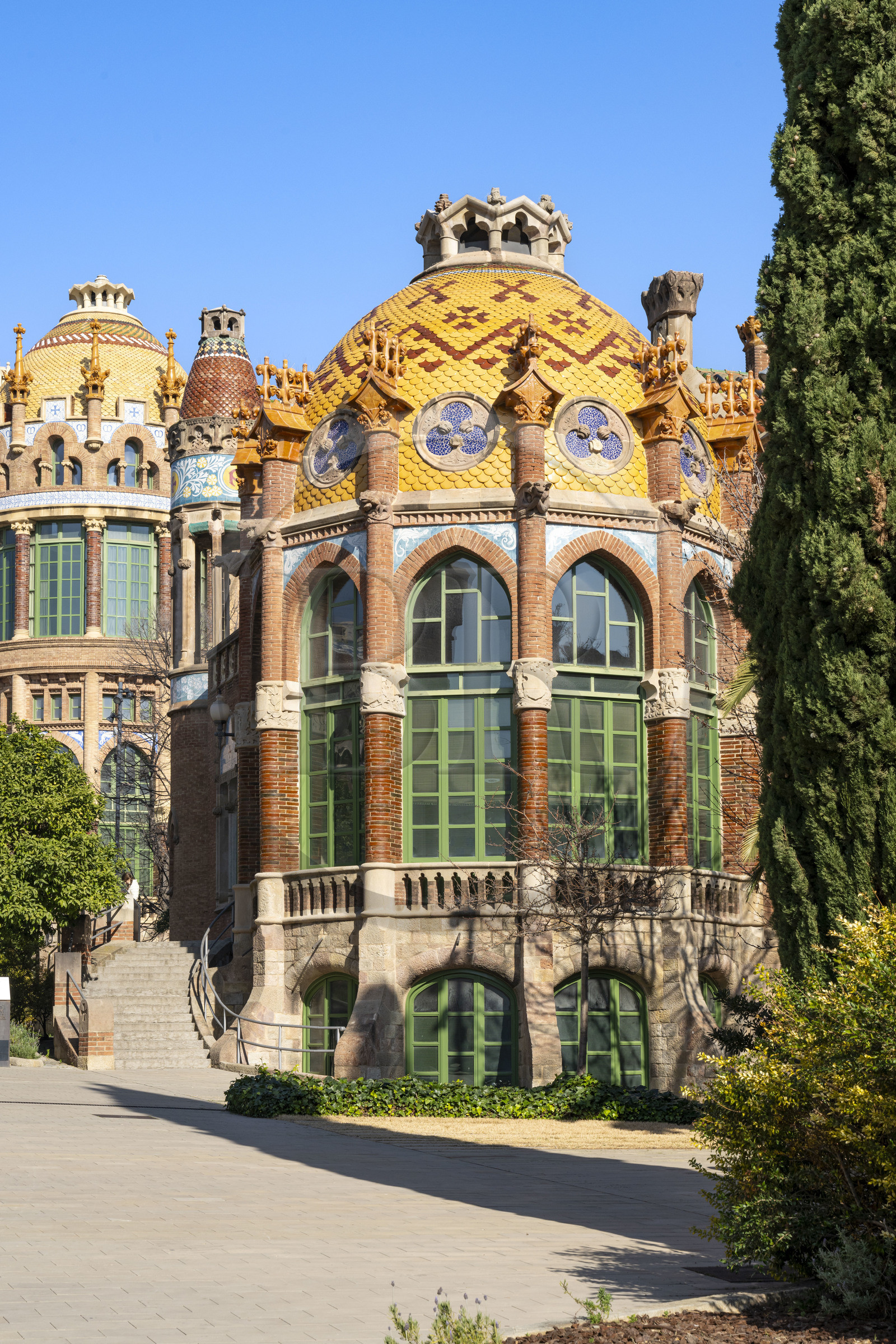 Spain, Catalonia, Barcelona, El Guinardo district, former Hospital de la Santa Creu i de Sant Pau listed as UNESCO World Heritage, modernist style by architect Domenech i Montaner, today a museum and a cultural center, It was composed of pavilions connected by underground passages