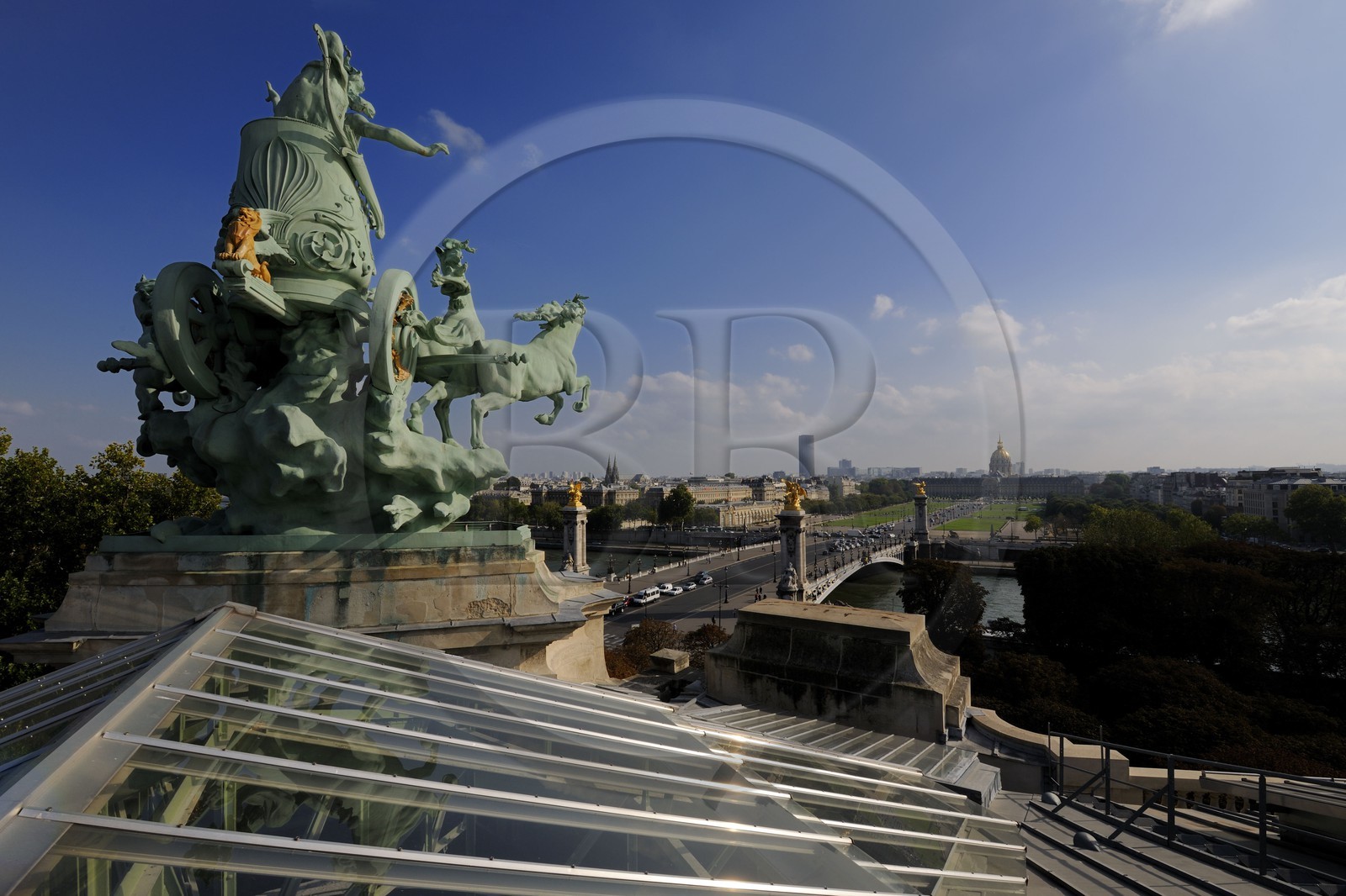 France, Paris, the Grand Palais, the Quadriges de Recipon overlooking the Seine river and the Pont des Invalides