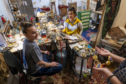 France, Vaucluse, Dentelles de Montmirail mountains, Vaison la Romaine, the upper town (medieval city), Camille and Coline, jewelry designers, in their workshop located in the former chapel of the White Penitents, now part of the Hotel du Beffroi