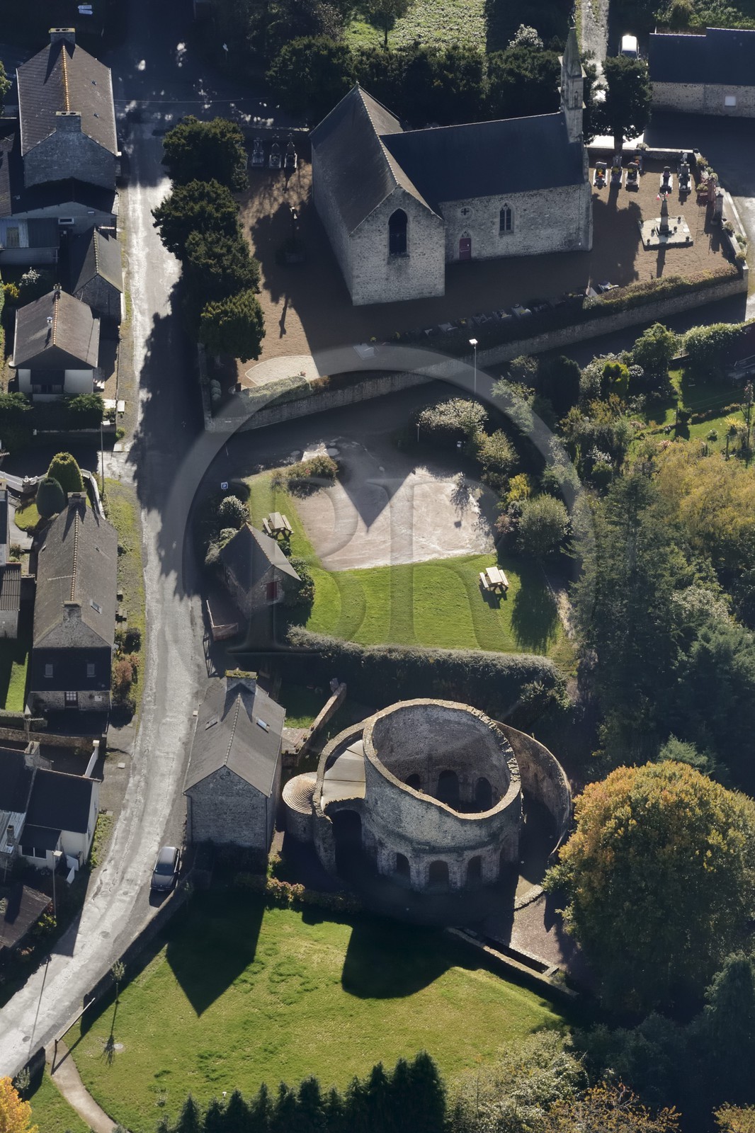 France, Cotes-d'Armor, former chapel of the eleventh century build by the Knights Templar on the model of the Holy Sepulchre of Jerusalem (aerial view)