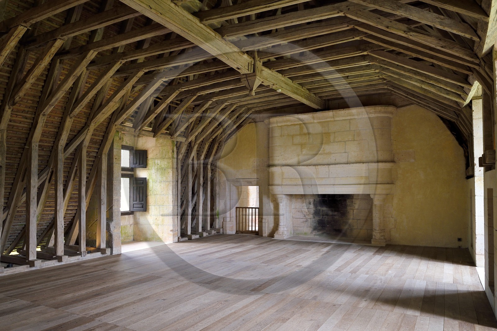 France, Dordogne (24), Périgord Vert, Villars, château de Puyguilhem, la Charpente en chêne en forme de carène de bateau renversée