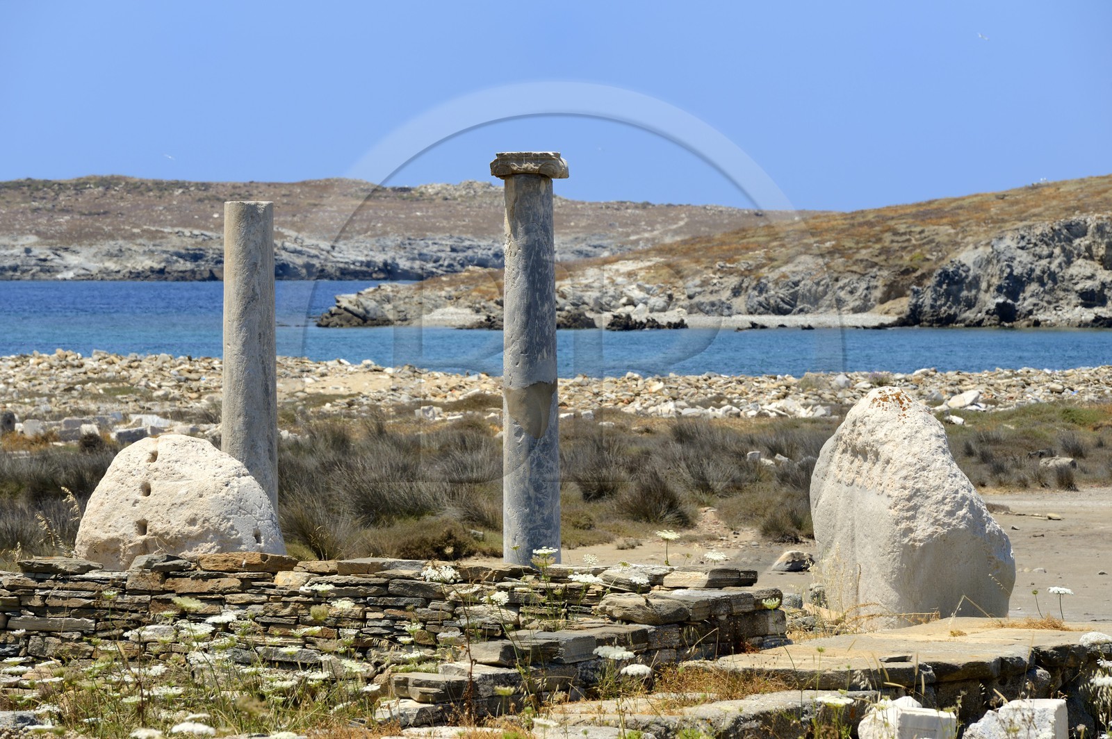 Grèce, île de Delos, classée Patrimoine Mondial de l'UNESCO, site archéologique de Délos, sanctuaire d'Apollon, la plus grande cité antique de la mer Egée, vestiges du quartier du port