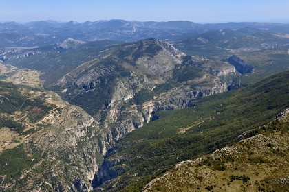 Var on the Left Bank and Alpes de Haute Provence on the Right Bank, Parc Naturel Regional du Verdon towards La Palud-sur-Verdon, the Verdon Gorge Grand Canyon (aerial view)