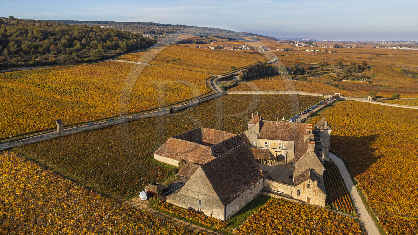 France, Côte-d'Or (21), Paysage culturel des climats de Bourgogne classés Patrimoine Mondial de l'UNESCO, Vougeot, Route des Grands Crus, le vignoble et le chateau du Clos de Vougeot (vue aérienne)
