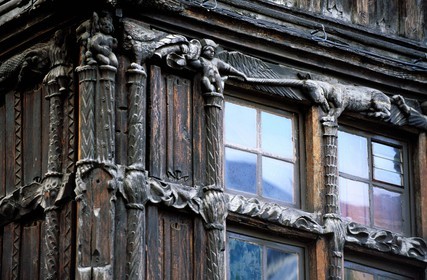 France, Saone et Loire, Mâcon, timberings decorated with sculptures (16th century ) wooden house on herbs square