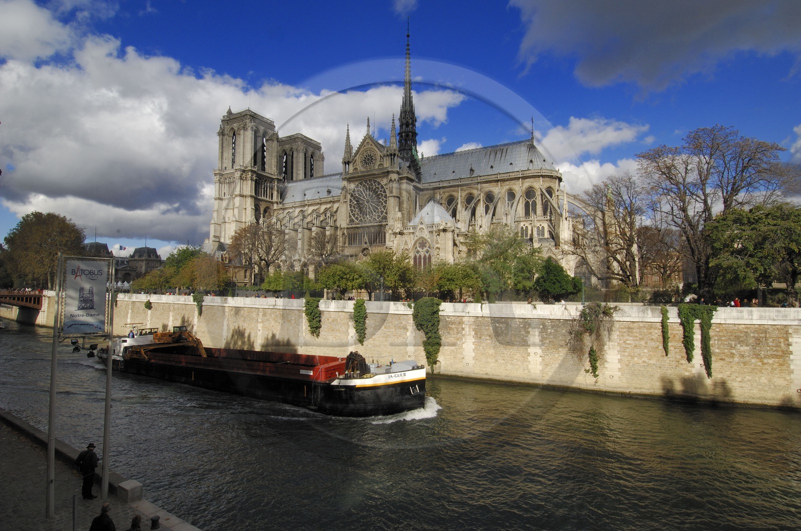 .France, Paris, the Seine river banks listed as World Heritage by UNESCO, river boat in fornt of the Notre Dame Cathedral