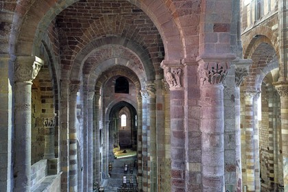France, Haute Loire, Brioude, the Basilica of Saint-Julien de Brioude in Auvergne Romanesque style, carved capitals decorated with patterns