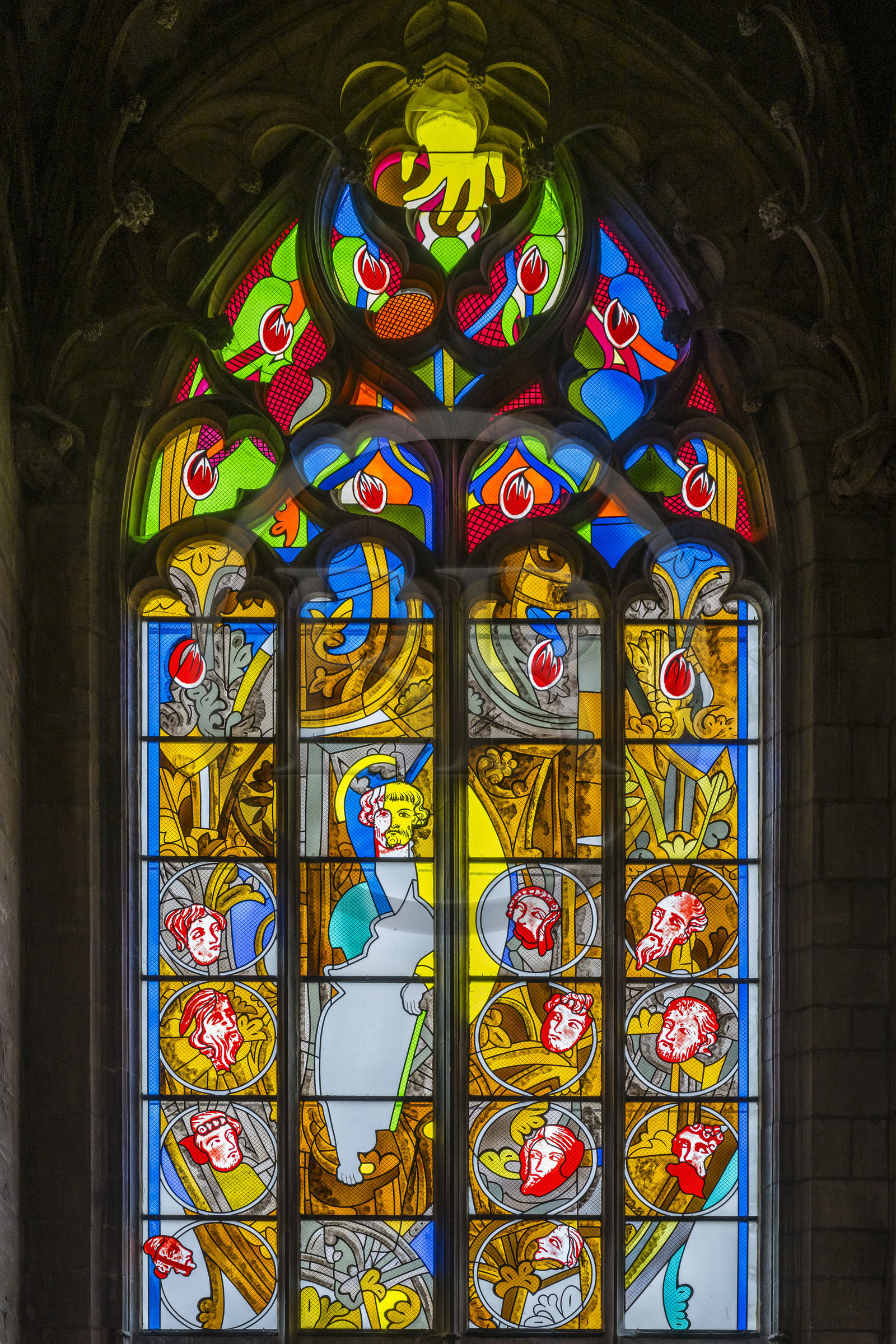 France, Nièvre, Nevers, Saint Cyr et Sainte Julitte cathedral, contemporary stained glass windows, Chapel of Pentecost by the artist Jean-Michel Alberola and Dominique Duchemin (Master glassmaker)
