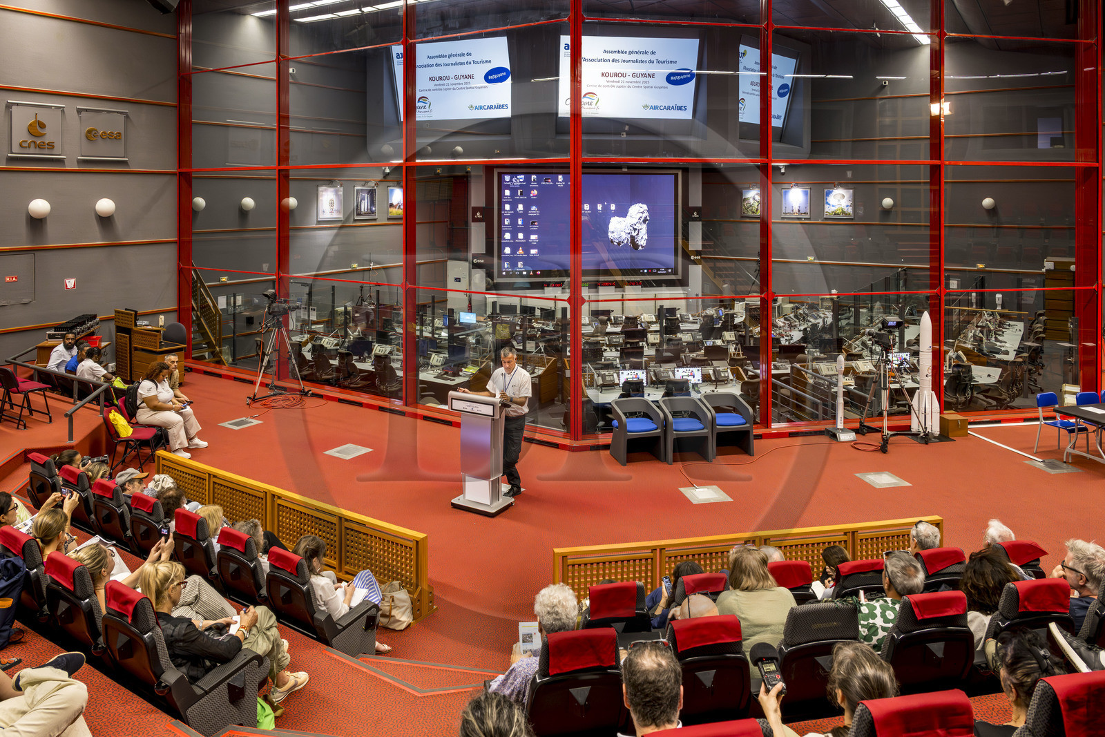France, French Guiana, Kourou, Guiana Space Centre (Centre spatial guyanais, CSG) also called Europe's Spaceport, a conference given by its director Philippe Lier to visitors, the Jupiter command center in the background.
