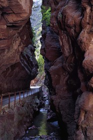 France, Alpes Maritimes, Mercantour Massif, Gorges of Cians carved by the Cians river in red lutite soil, portion of the old road now abandoned at the place called The Great Clue