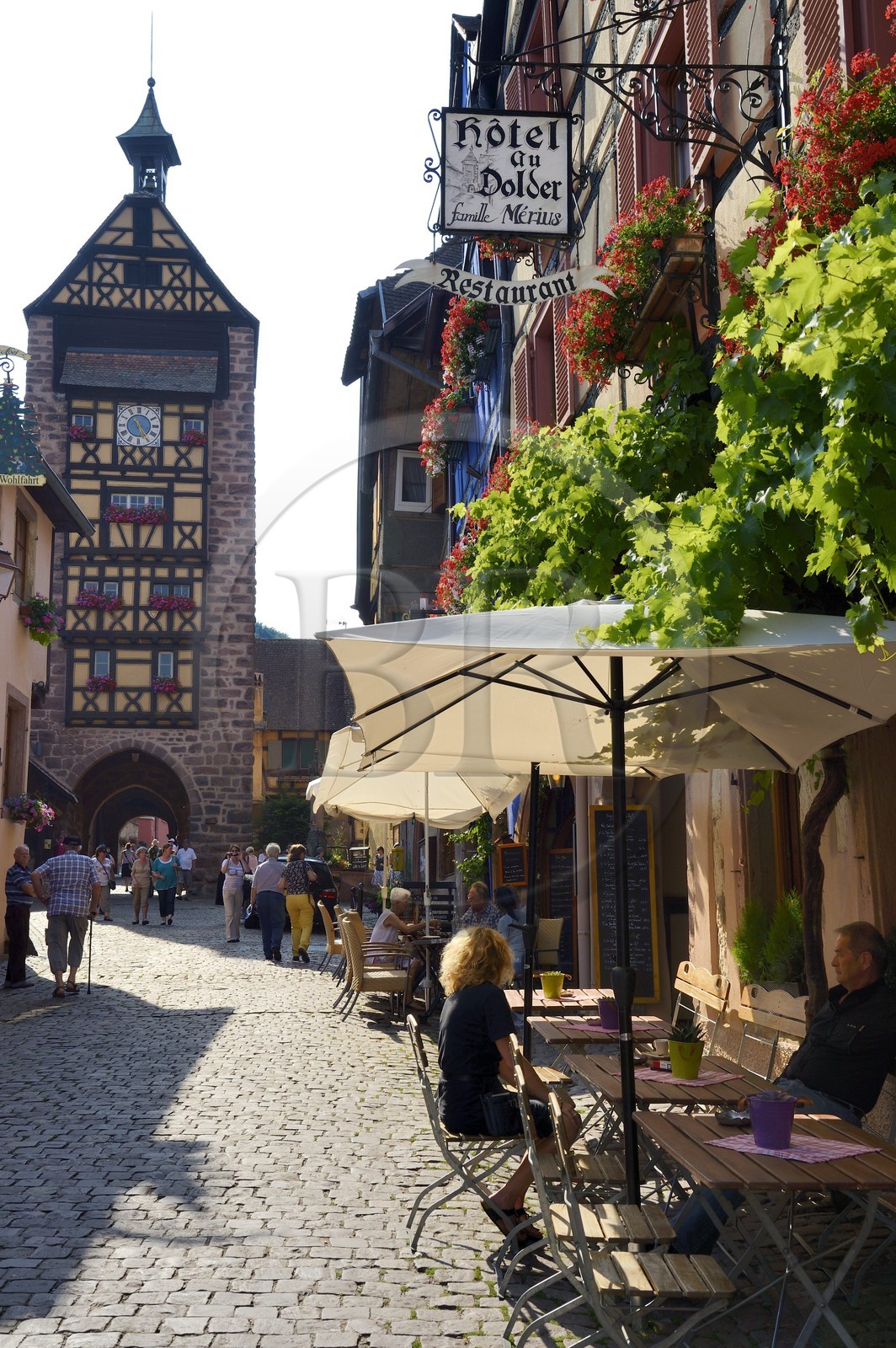 France, Haut Rhin, Riquewihr, labelled Les Plus Beaux Villages de France (The Most Beautiful Villages of France), the main street (rue du Général de Gaulle), the Dolder gate