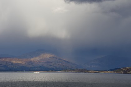 United Kingdom, Scotland, Highland, Inner Hebrides, Loch Linnhe, rainy landscape on the ferry route connecting Craignure on the Isle of Mull to Oban
