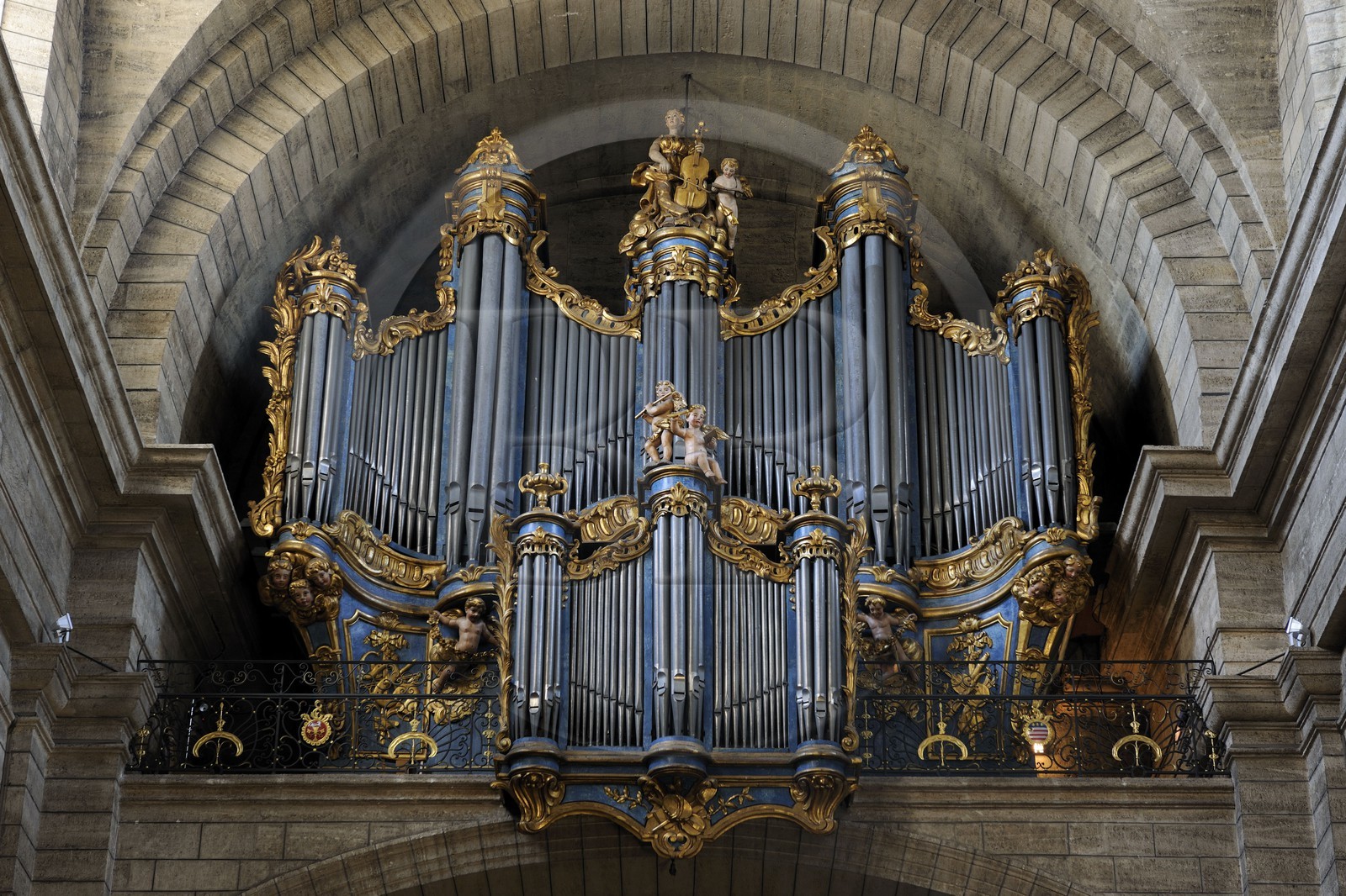 France, Herault, Pezenas, old city, collegiate church Saint-Jean, organ case