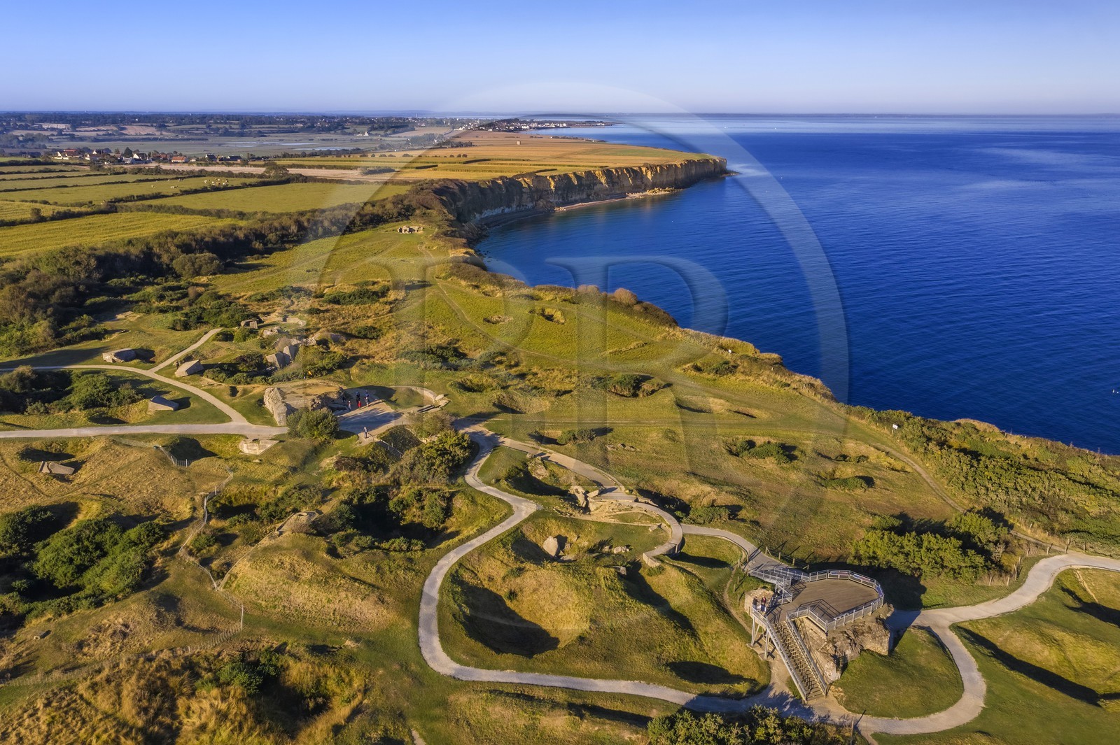 France, Calvados, Cricqueville en Bessin, Pointe du Hoc, ruins of German fortifications and bomb holes made by the Normandy landings of June 6 1944 during the Second World War (aerial view)