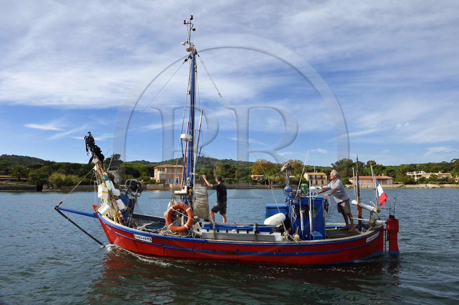 France, Var (83), Iles d'Hyères, parc national de Port Cros, Ile de Porquerolles, Bernard Samuel dit Sam le pêcheur sur son pointu (bateau) Le Corailleur