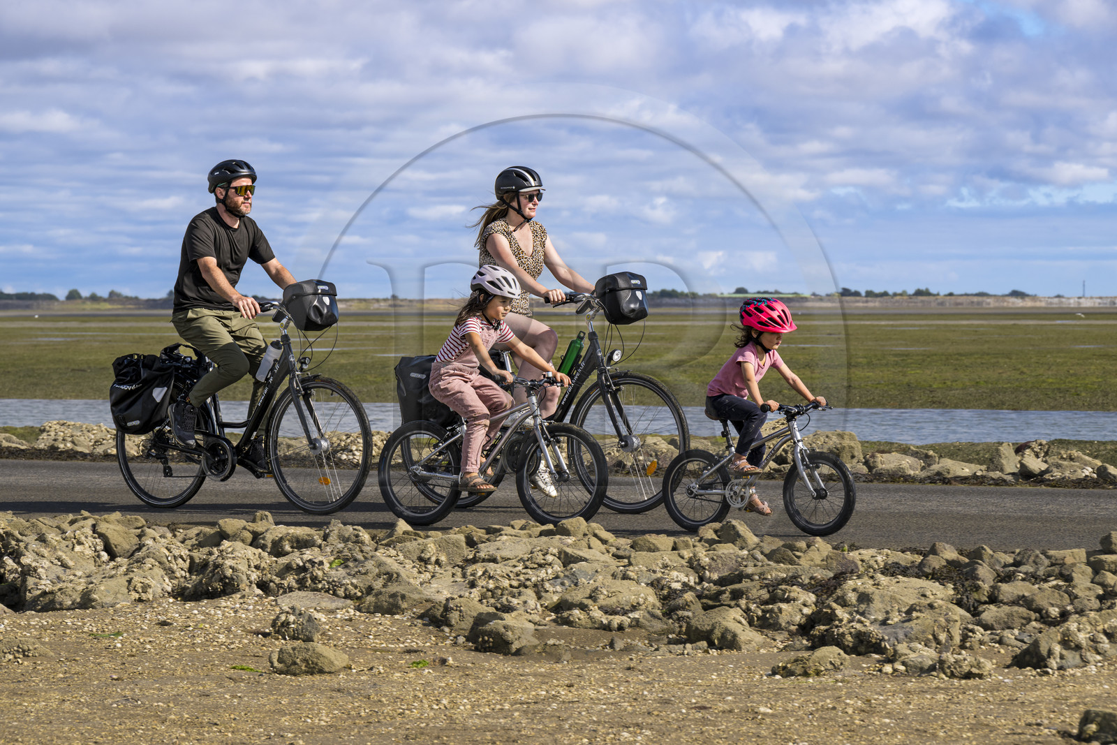 France, Vendée (85), île de Noirmoutier, Barbatre, cyclistes sur le passage du Gois, chaussée submersible qui relie l'île au continent à marrée basse