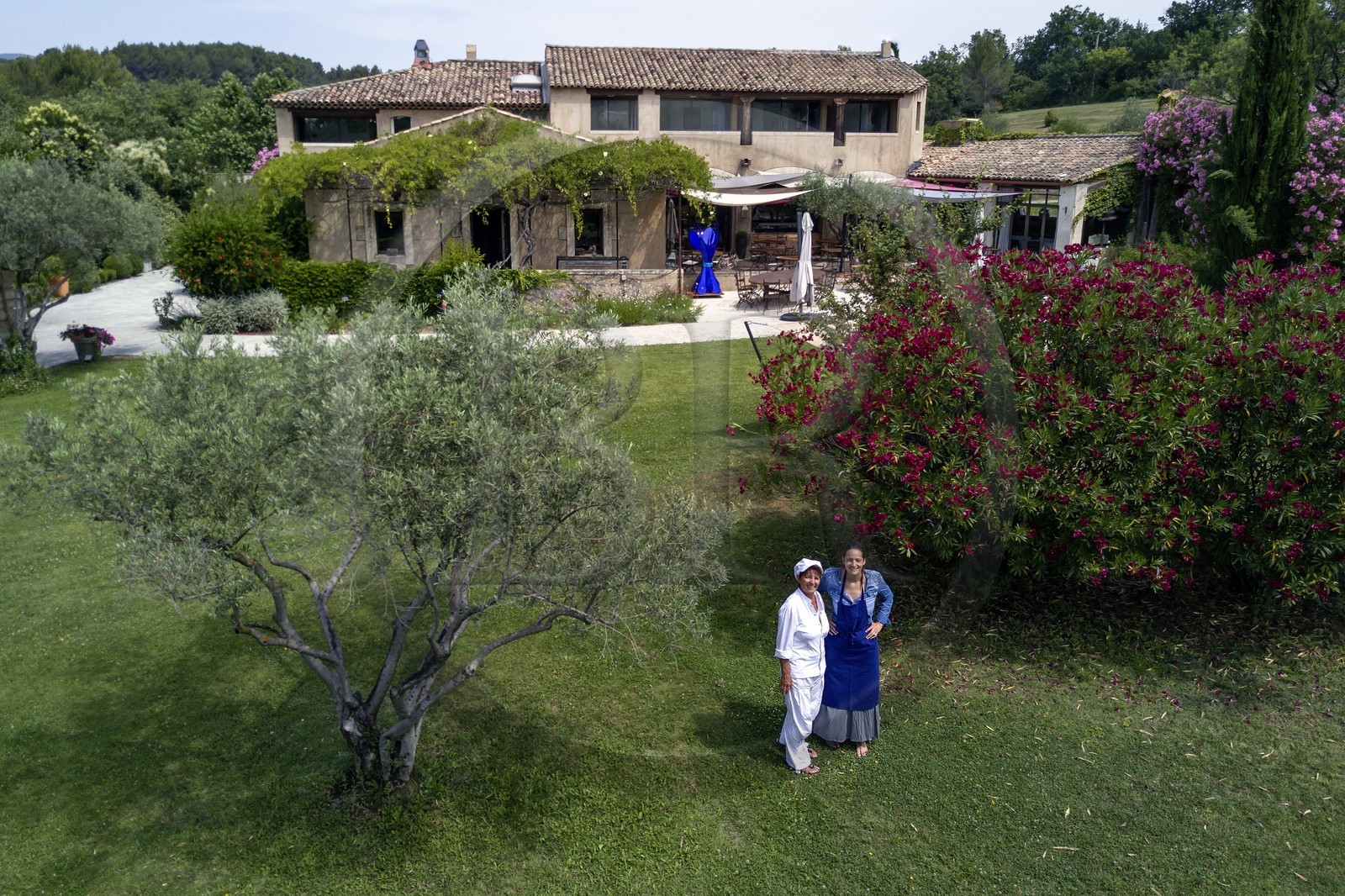 France, Vaucluse, Parc Naturel Regional du Luberon (Natural Regional Park of Luberon), Cadenet (Lourmarin), Auberge La Feniere 1 star Michelin, the chef Reine Sammut and her daughter Nadia (aerial view)