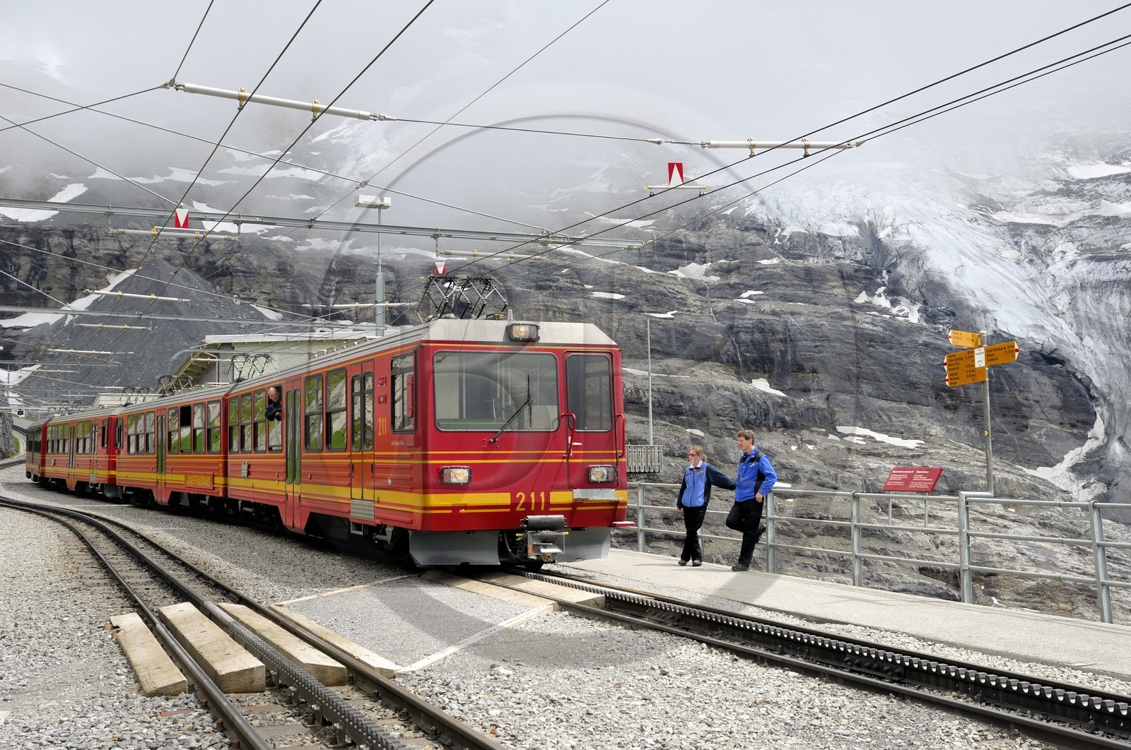 Switzerland, Canton of Bern, Bernese Oberland (highlands), Jungfrau Aletsch Bietschhorn listed as World Heritage by UNESCO, Jungfrau train at Eigergletscher stop
