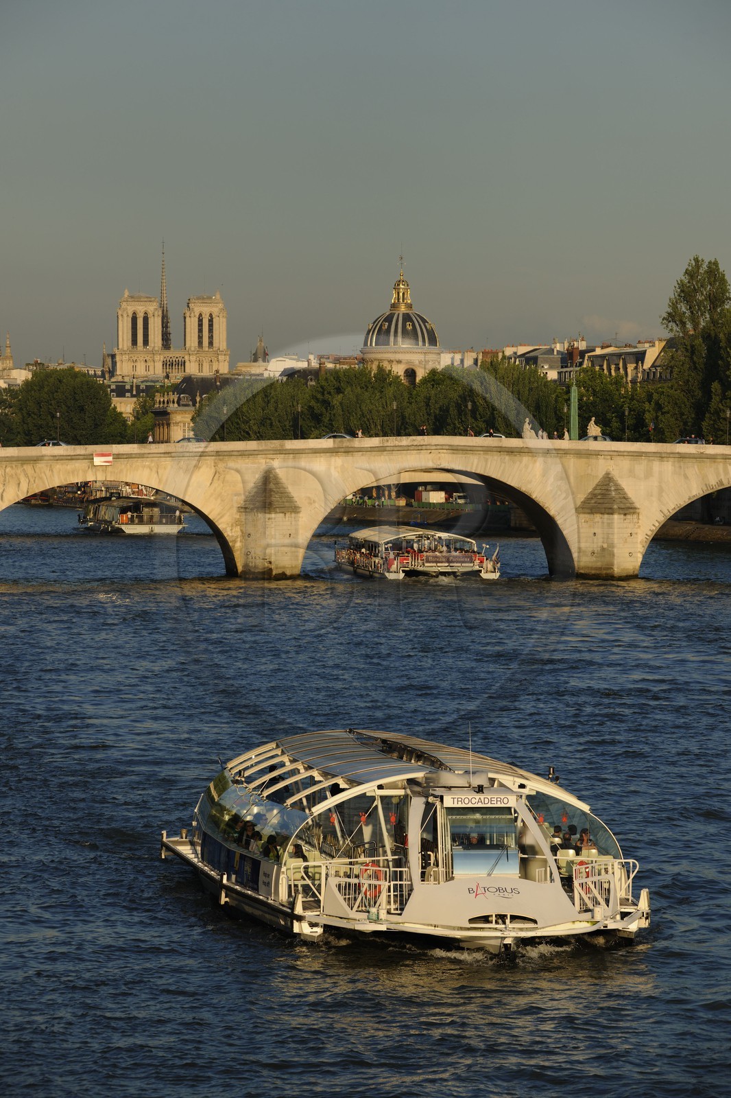 France, Paris (75), les rives de la Seine classées Patrimoine Mondiale de l'UNESCO, batobus devant le Pont Royal, Notre-Dame et l'Institut de France