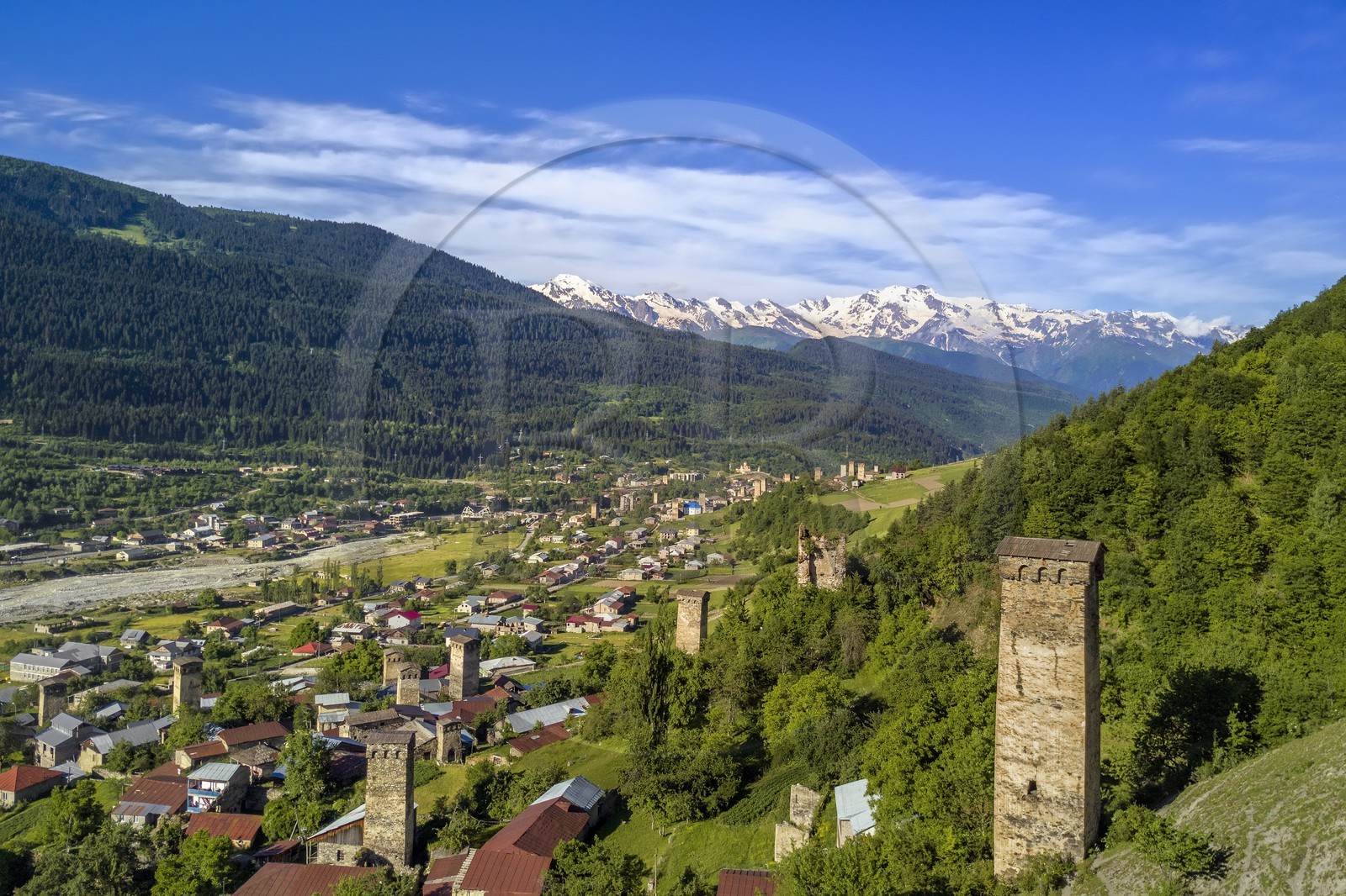 Georgia, Upper Svaneti (Zemo Svaneti), Mestia, Svan defensive towers erected next to the houses (aerial view)