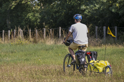 France, Maine-et-Loire (49), vallée de la Loire classée au Patrimoine Mondial par l'UNESCO, Saumur vers Saint-Hilaire, randonnée à bicyclette sur les berges de la Loire, vélo avec une remorque transportant le matériel de camping