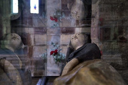 France, Haute Loire, Brioude, the Basilica of Saint-Julien de Brioude in Auvergne Romanesque style, 14th century polychrome wooden statue of the parturient (who will give birth) virgin