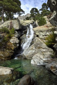 France, Haute Corse, Vivario, hiking on the GR 20, between Onda refuge and Vizzavona, Vizzavona forest, Englishmen cascades, waterfalls group in the Agnone valley under the Monte d'Oro