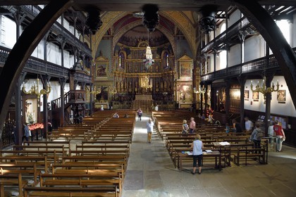 France, Pyrenees Atlantiques, Basque Country, Saint Jean de Luz, the Saint-Jean-Baptiste (Saint John the Baptist) Church, 17th century altarpiece in gilded wood and the wooden galleries of the nave