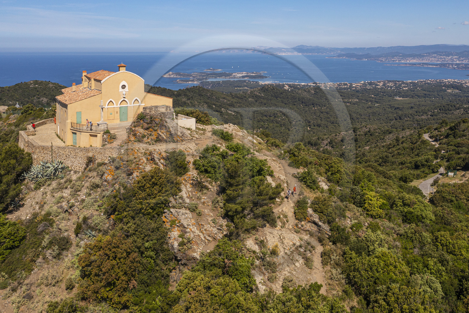 France, Var, Six Fours les Plages, hike in the Cap Sicie massif, the Notre-Dame-de-Bonne-Garde known as Notre-Dame-du-Mai, Ile des Embiez in the background (aerial view)