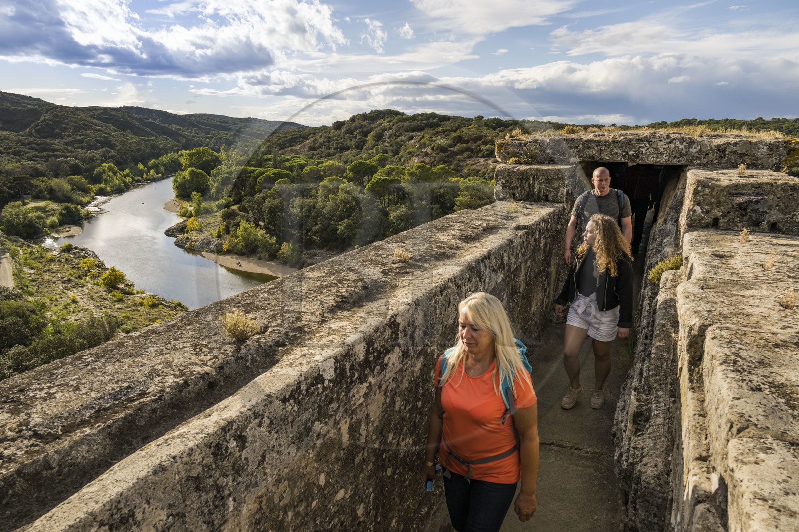 France, Gard, Pont du Gard classified World Heritage by UNESCO, Grand Site de France, Roman aqueduct over the Gardon River, calcareous concretions deposited over the years on the interior walls of the aqueduct conduit in the upper part of the bridge