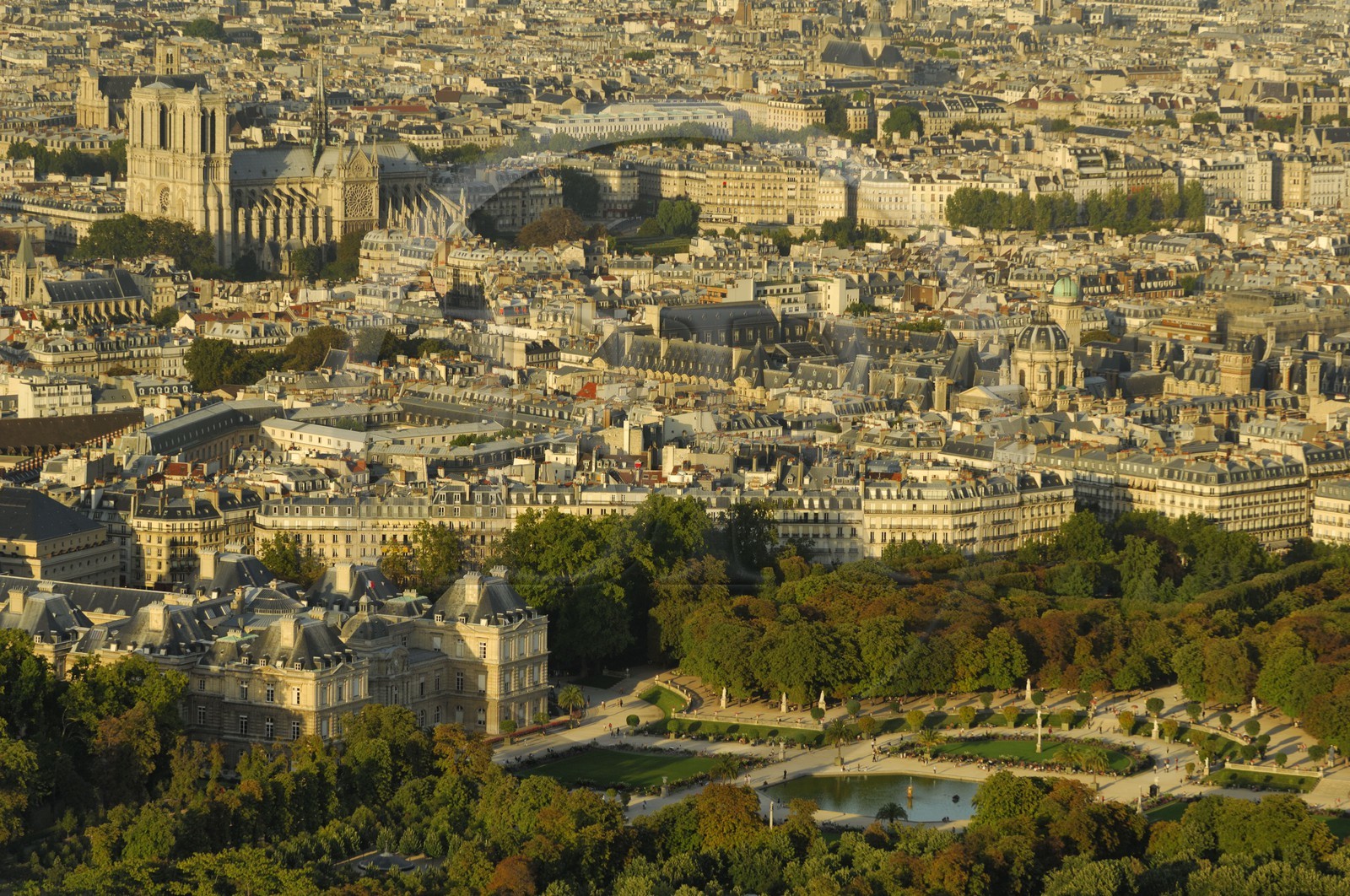 France, Paris (75), le Jardin du Luxembourg, Notre-Dame et la Sorbonne