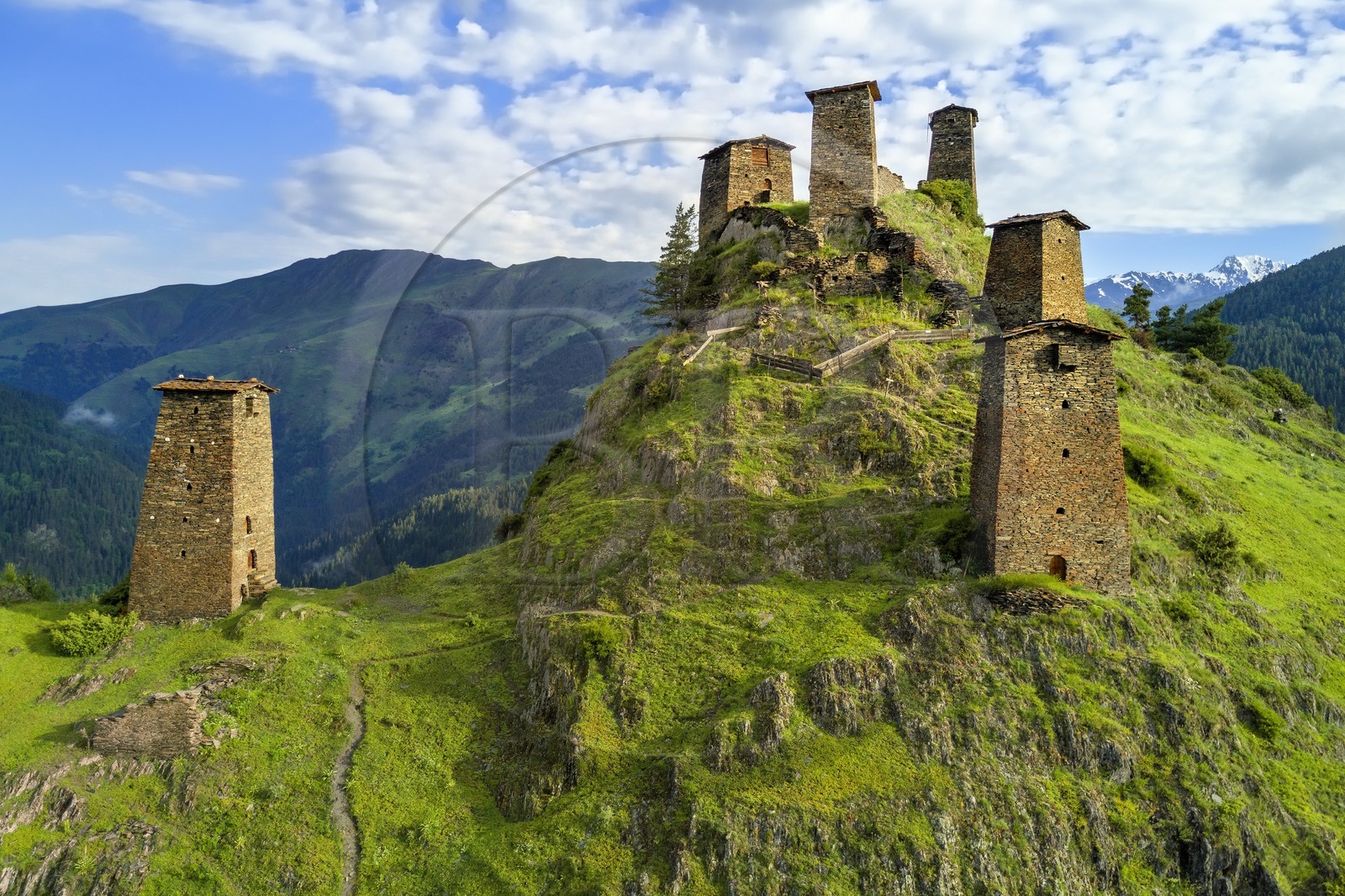Georgia, Kakheti, Tusheti region, Omalo, the fortress of Keselo in Zemo (upper) Omalo served as a refuge for locals in wartime, medieval fortified towers (aerial view)