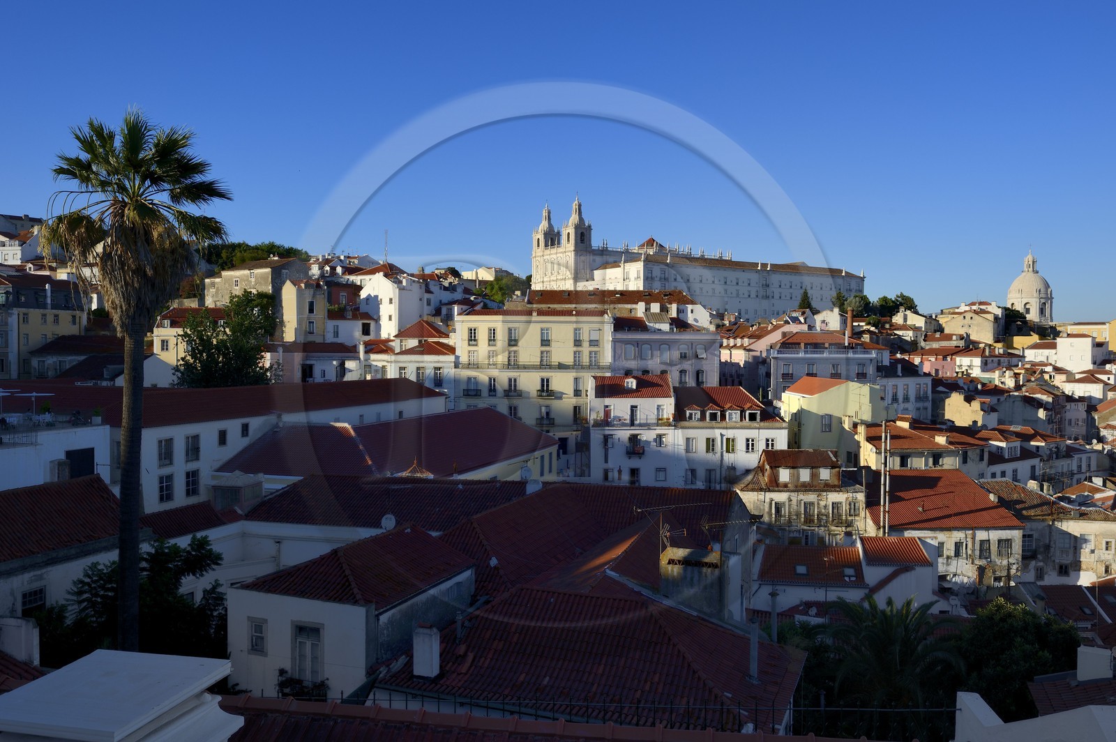 Portugal, Lisbon, Alfama district, Miradoro Portas do Sol, Sao Vicente de Fora Monastery and cupola of the National Pantheon