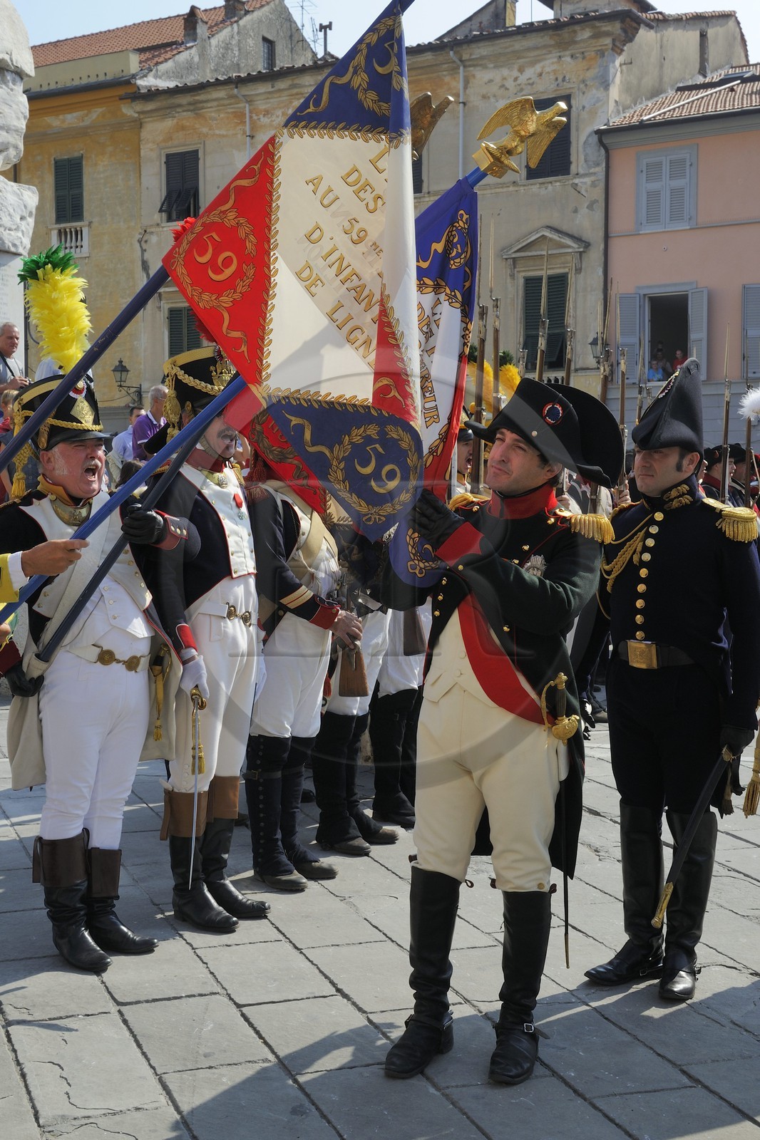 Italy, Liguria, Sarzana, Napoleon Festival, Napoleon reviews the troops on the Piazza Matteotti