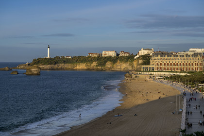 France, Pyrenees Atlantiques, Basque Country, Biarritz, the Grande Plage (town's largest beach), the casino, the Hotel du Palais and the lighthouse