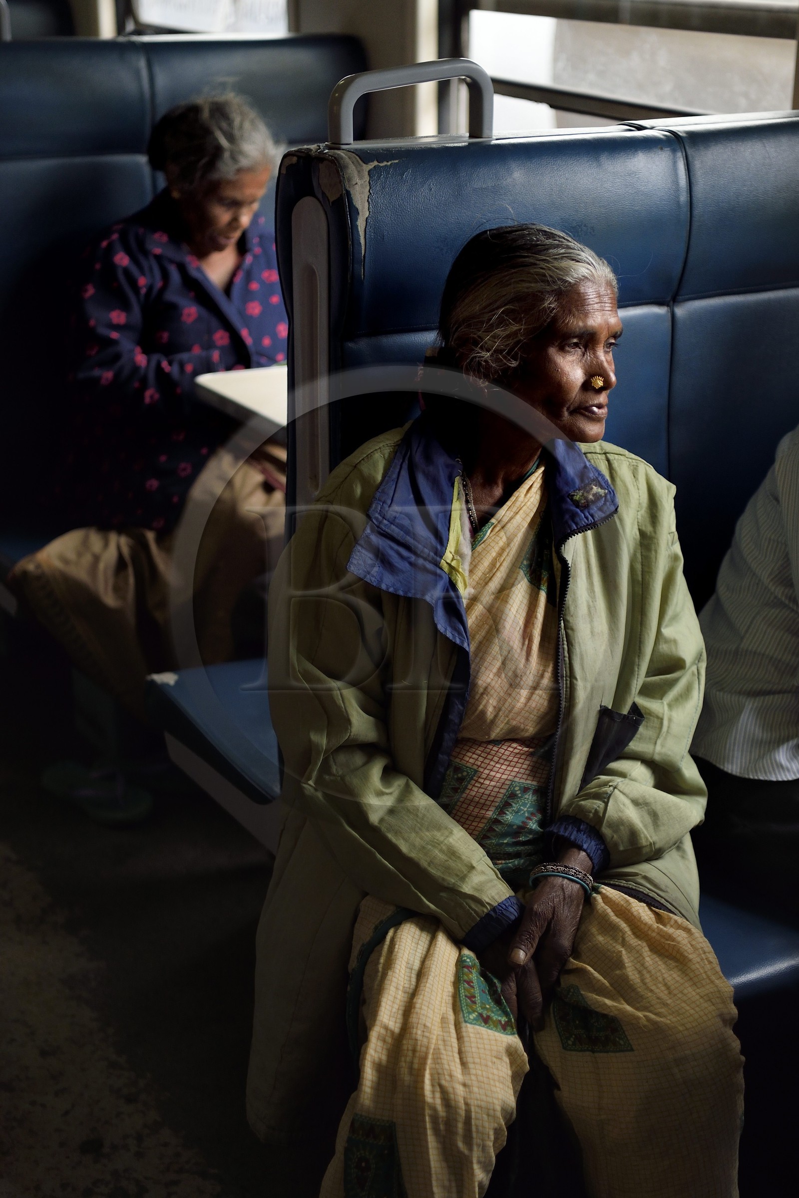 Sri Lanka, Province du Centre, trajet en train dans la région montagneuse de la culture du thé entre Hatton et Ella, passagère du train vers Pattipola