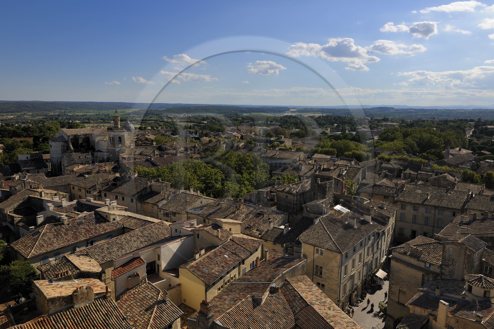 France, Gard, Uzes, views from the Tour Bermonde in the Duche castle on Saint Etienne's Church and the roofs of the city