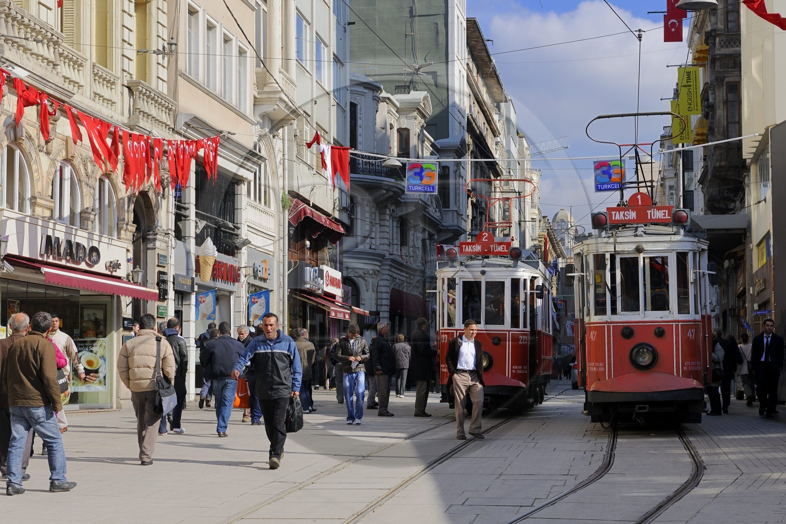 Turkey, Istanbul, Beyoglu, Taksim District, old tramway in Istiklal Caddesi Street