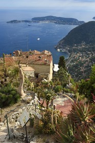France, Alpes-Maritimes, the hilltop village of Eze and its Exotic Garden, Saint-Jean-Cap-Ferrat in the background