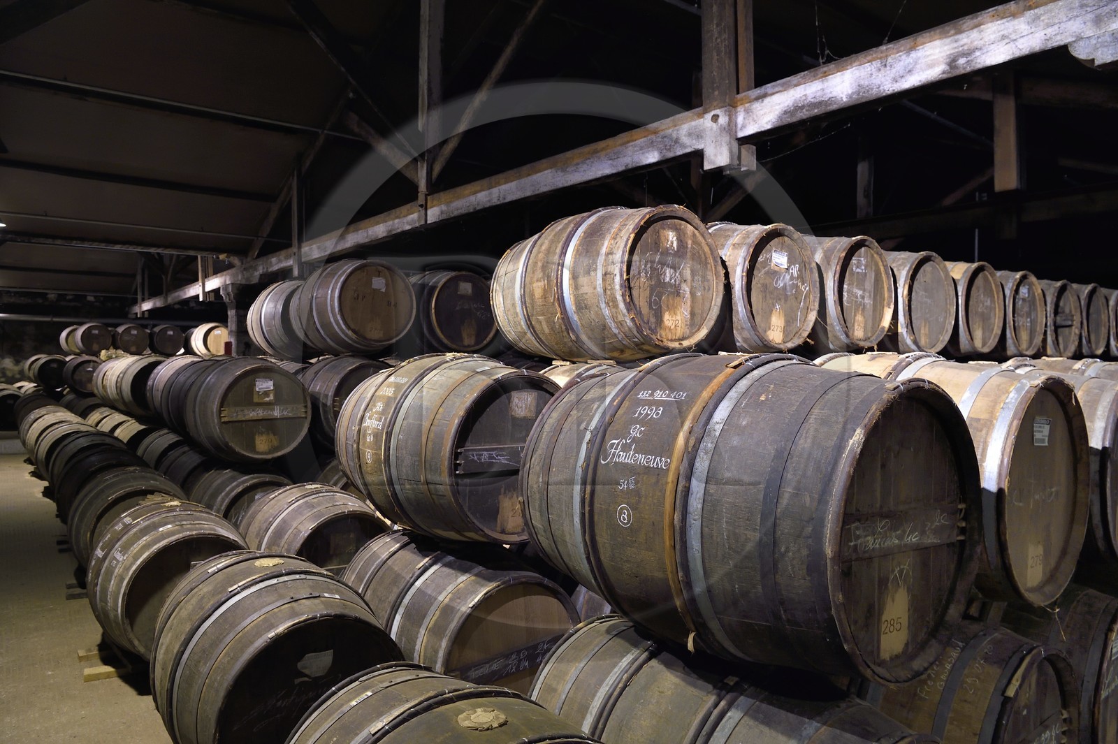 France, Charente (16), Cognac, tonneaux stockés dansles chais de vieillissement de la Maison de cognac Hennessy